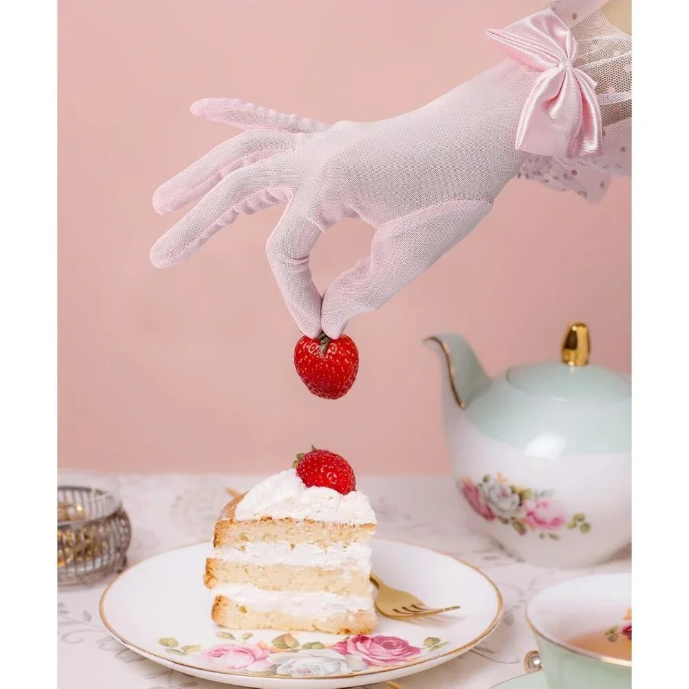 Women's Bow Lace Short Gloves Light Pink Princess Wedding Evening Accessories